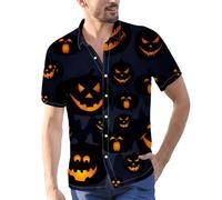 Camicie di Halloween per gli uomini Jack O' Lantern Costumi Manica Corta Button Down T-Shirts Pumpkins Face Print Shirt Top, Camicie Blu Halloween per Uomo, S