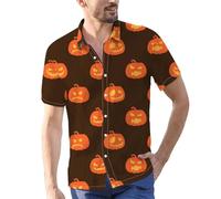 Camicie di Halloween per gli uomini Jack O' Lantern Costumi Manica Corta Button Down T-Shirts Pumpkins Face Print Shirt Top, Camicie Marrone Halloween per Uomo, 3XL