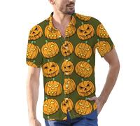 Camicie di Halloween per gli uomini Jack O' Lantern Costumi Manica Corta Zucche Viso Stampa Camicia Top Button Down T-shirt, Green1 Halloween Camicie per Uomo, 3XL