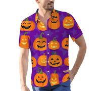 Camicie di Halloween per gli uomini Jack O' Lantern Costumi Manica Corta Zucche Viso Stampa Camicia Top Button Down T-shirt, Purple1 Halloween Camicie per Uomo, S
