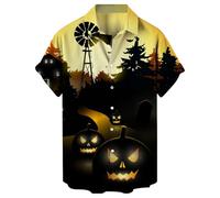 Camicie di Halloween per gli uomini Jack O' Lantern Costumi T-Shirt Dark Night Pattern Camicia Spaventosa Manica Corta Button Down Top, Camicie Beige Halloween per Uomo, L