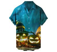 Camicie di Halloween per gli uomini Jack O' Lantern Costumi T-Shirt Dark Night Pattern Camicia Spaventosa Manica Corta Button Down Top, Camicie Blu Halloween per Uomo, S