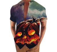 Camicie di Halloween per gli uomini Jack O Lantern T-Shirt Lino Stand Collar Manica Corta Button Down Costumi Camicia Spooky Top, Camicie Viola Halloween per Uomo, S
