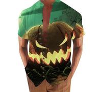 Camicie di Halloween per gli uomini Jack O Lantern T-Shirt Lino Stand Collar Manica Corta Button Down Costumi Camicia Spooky Top, Camicie verdi di Halloween per gli uomini, S