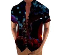 Camicie di Halloween per gli uomini Jack O Lantern T-Shirt Lino Stand Collar Manica Corta Button Down Costumi Camicia Spooky Top, Camicie Blu Halloween per Uomo, S
