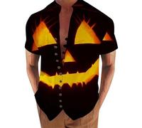 Camicie di Halloween per gli uomini Jack O Lantern T-Shirt Lino Stand Collar Manica Corta Button Down Costumi Camicia Spooky Top, Camicie nere di Halloween per gli uomini, XL