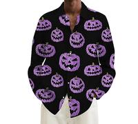 Camicie di Halloween per gli uomini Jack O Lanterna Camicia Pumpkins Face Manica Lunga Costumi Maglietta Spaventosa Autunno Button Down Top, Camicie Viola Halloween per Uomo, XL
