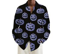 Camicie di Halloween per gli uomini Jack O Lanterna Camicia Pumpkins Face Manica Lunga Costumi Maglietta Spaventosa Autunno Button Down Top, Camicie Blu Halloween per Uomo, XXL