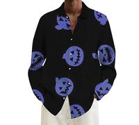 Camicie di Halloween per gli uomini Jack O Lanterna Camicia Spaventosa Zucche Viso Manica Lunga T-Shirt Costumi Autunno Button Down Top, Camicie Blu Halloween per Uomo, S