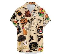 Camicie di Halloween per gli uomini Jack O' Lanterna Fantasma Gatti Stampa Camicia con Tasca Manica Corta Pumpkin Face T-Shirt Costume, Camicie Khaki Halloween per Uomo, M