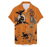 Camicie di Halloween per gli uomini Jack O' Lanterna Fantasma Gatti Stampa Camicia con Tasca Manica Corta Pumpkin Face T-Shirt Costume, Orange Halloween Camicie per Uomo, 3XL