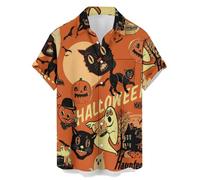 Camicie di Halloween per gli uomini Jack O' Lanterna Fantasma Gatti Stampa Camicia con Tasca Manica Corta Pumpkin Face T-Shirt Costume, Camicie Beige Halloween per Uomo, XXL