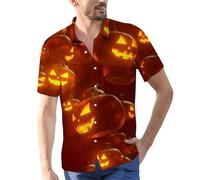 Camicie di Halloween per gli uomini Jack O' Lanterna Stampa Camicia Pumpkin Face T-Shirts Button Down Manica Corta Costumi Abbigliamento, Orange Halloween Camicie per Uomo, M