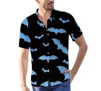 Camicie di Halloween per gli uomini Jack O' Lanterna Stampa Camicia Pumpkin Face T-Shirts Button Down Manica Corta Costumi Abbigliamento, Camicie Blu Halloween per Uomo, S