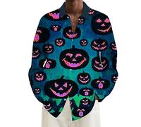 Camicie di Halloween per gli uomini Jack O Lanterna Stampa Camicia Zucche Viso Manica Lunga Costumi Maglietta Spaventosa Button Down Top, Camicie verdi di Halloween per gli uomini, L