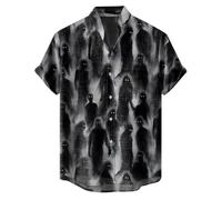 Camicie di Halloween per gli uomini Skeleton Witch T-shirt Horror Spooky Theme Costumi Manica Corta Button Down Camicia Top, Camicie nere di Halloween per gli uomini, L