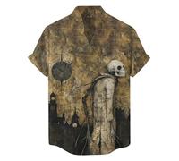 Camicie di Halloween per gli uomini Skeleton Witch T-shirt Horror Spooky Theme Costumi Manica Corta Button Down Camicia Top, Camicie Khaki Halloween per Uomo, S