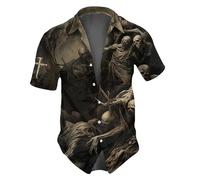 Camicie di Halloween per gli uomini Skull Skeleton Cross Print Shirt Horror Manica Corta T-Shirt Costumi Casual Button Down Top, Grigio Halloween Camicie per Uomo, 3XL