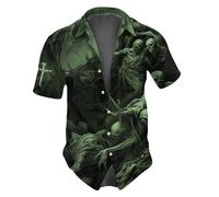 Camicie di Halloween per gli uomini Skull Skeleton Cross Print Shirt Horror Manica Corta T-Shirt Costumi Casual Button Down Top, Camicie verdi di Halloween per gli uomini, M