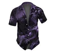 Camicie di Halloween per gli uomini Skull Skeleton Cross Print Shirt Horror Manica Corta T-Shirt Costumi Casual Button Down Top, Camicie Viola Halloween per Uomo, M