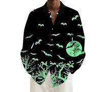Camicie di Halloween per gli uomini spaventosi luna pipistrelli stampa camicia a maniche lunghe costumi hawaiani magliette casual button down top, Camicie verdi di Halloween per gli uomini, 6XL
