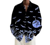 Camicie di Halloween per gli uomini spaventosi luna pipistrelli stampa camicia a maniche lunghe costumi hawaiani magliette casual button down top, Camicie Blu Halloween per Uomo, 5XL
