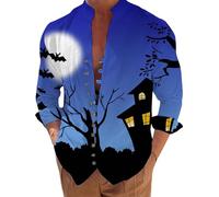 Camicie di Halloween per gli uomini spaventoso notte scura stampa t-shirt spettrale costume camicia manica lunga button down top, Camicie Blu Halloween per Uomo, M