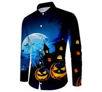 Camicie di Halloween per gli uomini spettrali Jack O' Lantern Costumi 2025 Manica Lunga Button Down Shirt Top Zucche T-shirt, Camicie Blu Halloween per Uomo, S