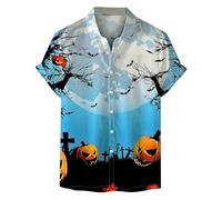 Camicie di Halloween per gli uomini Strega Zucche Stampa T-shirt Jack O' Lanterna Costumi Spooky Manica Corta Button Down Camicia, Cielo Blu Halloween Camicie per Uomo, S