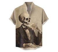 Camicie di Halloween per gli uomini Teschio Bere Caffè T-shirt Scheletro Spooky Tema Costumi Manica Corta Button Down Top, Camicie Khaki Halloween per Uomo, S