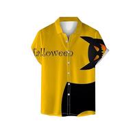 Camicie di Halloween per gli uomini Witch Riding A Broomstick T-Shirts Spooky Theme Costumi Manica Corta Button Down Shirt Top, Giallo Halloween Camicie per Uomo, S