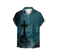 Camicie di Halloween per gli uomini Witch Riding A Broomstick T-Shirts Spooky Theme Costumi Manica Corta Button Down Shirt Top, Camicie Blu Halloween per Uomo, S