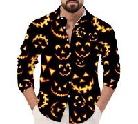 Camicie di Halloween per gli uomini Zucche Scheletro Camicia Jack O' Lanterna Skull Costumi Manica Lunga Button Down T-shirt 2025, Giallo Halloween Camicie per Uomo, XXL