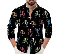 Camicie di Halloween per gli uomini Zucche Scheletro Camicia Jack O' Lanterna Skull Costumi Manica Lunga Button Down T-shirt 2025, Black1 Halloween Camicie per Uomo, 3XL