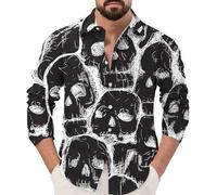 Camicie di Halloween per gli uomini Zucche Scheletro Camicia Jack O' Lanterna Skull Costumi Manica Lunga Button Down T-shirt 2025, Grigio Halloween Camicie per Uomo, S