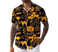 Camicie di Halloween per gli uomini zucche Viso Camicia Jack O Lanterna Costumi Manica Corta Button Down T-shirt Abbigliamento Tees, Giallo Halloween Camicie per Uomo, S