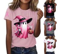 Camicie di Halloween per il cancro al seno per le donne carino fantasma magliette zucca top divertenti costumi di Halloween pullover manica corta abiti festival, rosa, L