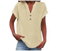 Camicie di lino alla moda per le donne estate 2026 tinta unita manica corta lino cotone top button down abiti in mussola leggera Plus Size scollo a V Beach Stand Collar camicette contadino, Beige, 3XL