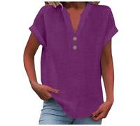 Camicie di lino alla moda per le donne estate 2026 tinta unita manica corta lino cotone top button down abiti in mussola leggera Plus Size scollo a V Beach Stand Collar camicette contadino, Viola, XL