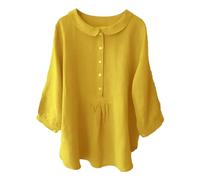 Camicie di lino con le donne colletto Peter Pan Button Down Babydoll Top Casual manica 3/4 tinta unita camicetta allentata, Giallo, S