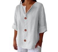 Camicie di lino con maniche a 3/4 per le donne Camicette in cotone con scollo a V con bottone Camicette eleganti casual a tinta unita Henley camicie larghe top estivi, bianco, S