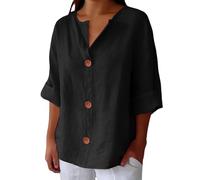 Camicie di lino con maniche a 3/4 per le donne Camicette in cotone con scollo a V con bottone Camicette eleganti casual a tinta unita Henley camicie larghe top estivi, Nero , 4XL