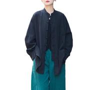 Camicie di lino da donna Camicette Oversize Kimono Vintage Giacche a maniche lunghe Vestibilità ampia Cinese Rana Pulsante Cape Trench Top, nero, L