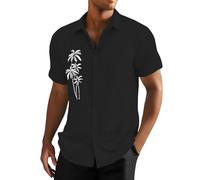 Camicie di lino da uomo a maniche corte camicia in cotone con palma di cocco stampa hawaiana T-shirt con bottoni Top grafici, Nero, 4XL