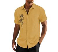 Camicie di lino da uomo a maniche corte camicia in cotone con stampa di palme da cocco T-shirt hawaiana Button Down Top Graphic Tees, Oro, XXL