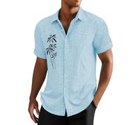 Camicie di lino da uomo a maniche corte camicia in cotone con stampa di palme da cocco T-shirt hawaiana Button Down Top Graphic Tees, blu cielo, XXL