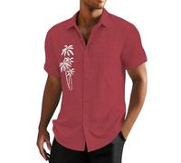 Camicie di lino da uomo a maniche corte camicia in cotone con stampa di palme da cocco T-shirt hawaiana Top con bottoni grafici, Rosso, L