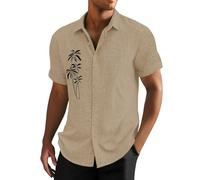 Camicie di lino da uomo a maniche corte camicia in cotone con stampa di palme da cocco T-shirt hawaiana Button Down Top Graphic Tees, Beige, XL