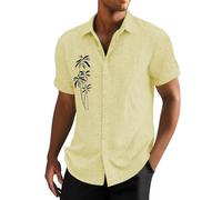 Camicie di lino da uomo a maniche corte camicia in cotone con stampa di palme da cocco T-shirt hawaiana Button Down Top Graphic Tees, Giallo, XL