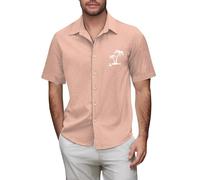 Camicie di lino da uomo a maniche corte camicia in cotone con stampa di palme dell'albero di cocco Top Button Down T-shirt hawaiana T-shirt grafica, Oro Rosa, 4XL